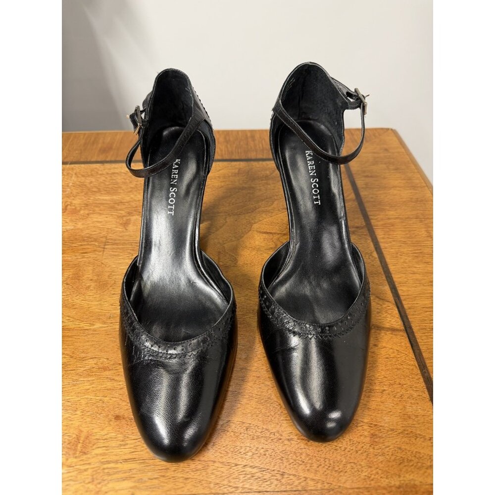Vtg 90s Karen Scott Women’s‎ Genuine Black Leather Ankle Strap Heels Classic